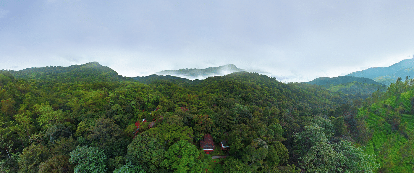 An aerial view of greenery with a backdrop of clear sky | Vythiri Resort, Wayanad